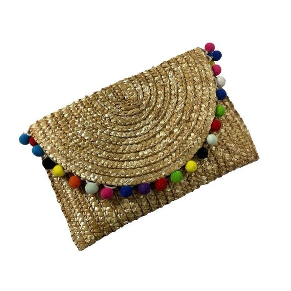Shiraleah Chicago Natural Pom Pom Woven Straw Summer Clutch - Picture 1 of 7